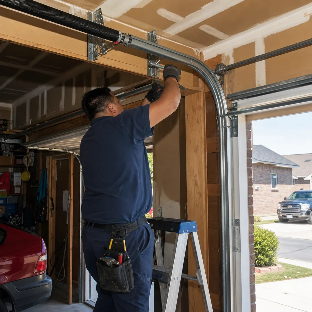 Professional technician repairing a garage door torsion spring system