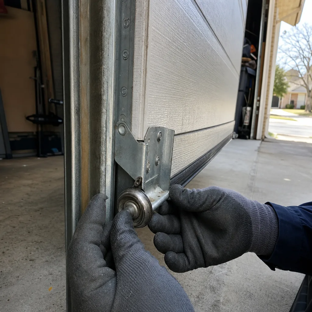Technician performing professional garage door roller maintenance and repair