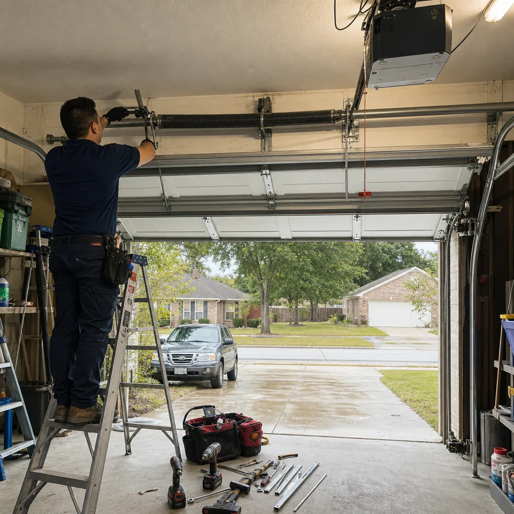 Professional technician repairing a garage door torsion spring on a ladder