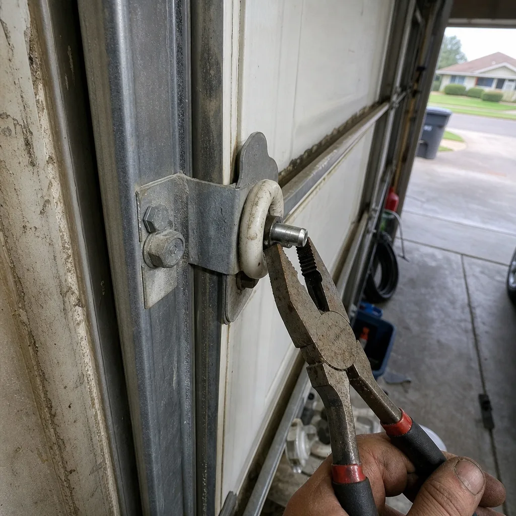 Technician repairing a residential garage door roller with pliers