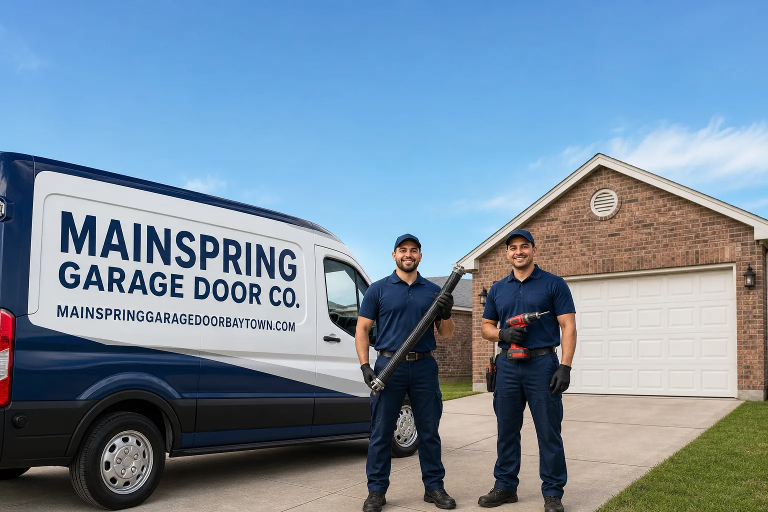 Mainspring Garage Door Co. garage door service vehicle and crew in Baytown, TX